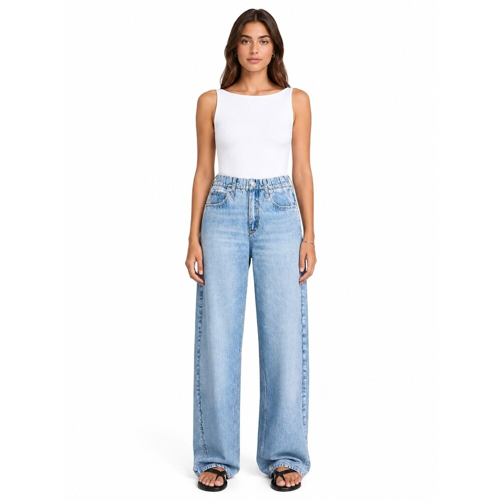 rag & bone Women Jeans Large Miramar Wide Leg Pull On Terry Sweatpant Light Blue